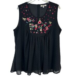 Tantrums Black Embroidered Swiss Dot Layered Sleeveless Babydoll Top Size L